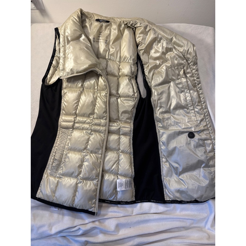 Calvin Klein Performance Metallic Gold Puffer Vest Black Side Panels Medium - Picture 4 of 7